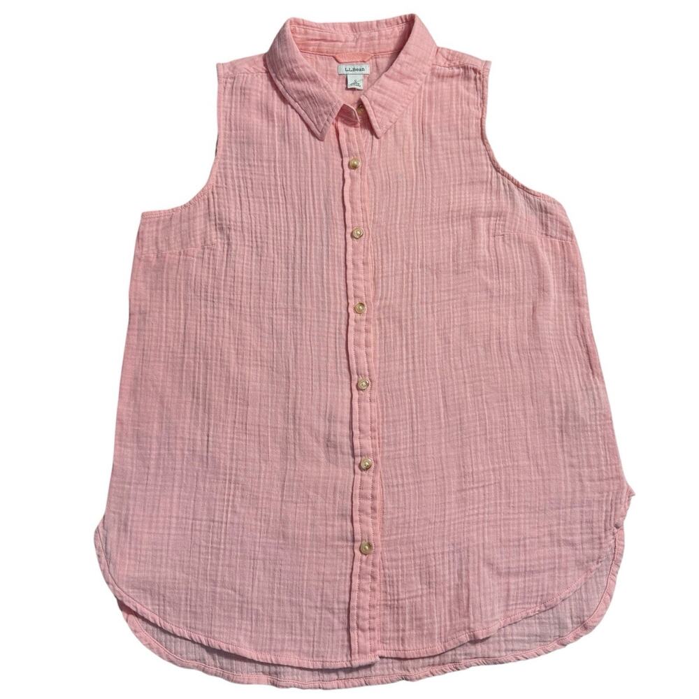 LL Bean Womens Cloud Gauze Sleeveless Shirt Coral Quarts 100% Cotton Tank Collar